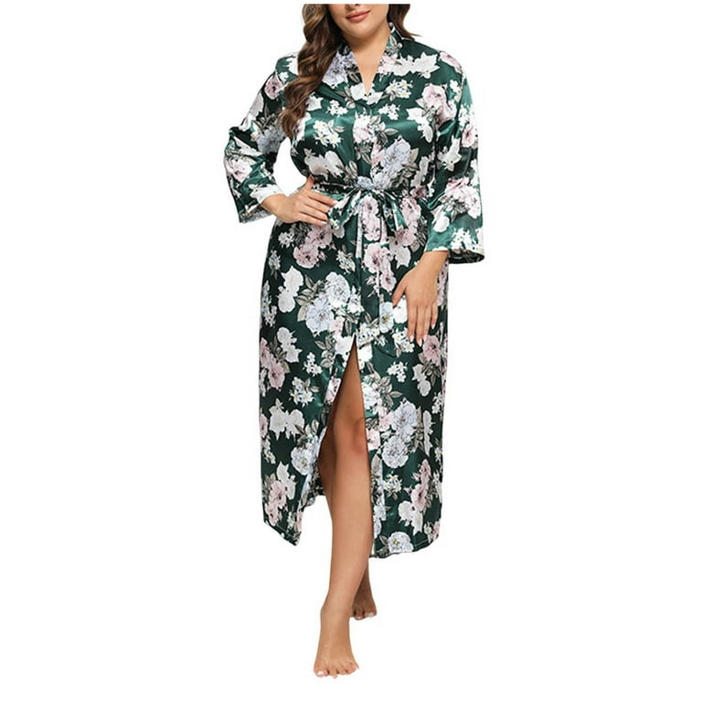 Xysaqa Women's Floral Satin Robe Trendy Nightgown Plus Size Long Sleeve  House Dress Sleepwear Ladies Long Kimonos Bathrobe Bridal Dressing Gown 3X  4X 5X - Walmart.com
