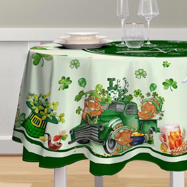 St Patricks Day Tablecloth 60 Inch, Shamrock Green Round Tablecloth, Holiday Shamrock and Gnomes Truck Kitchen St Patricks Day Decorations for Table,Party