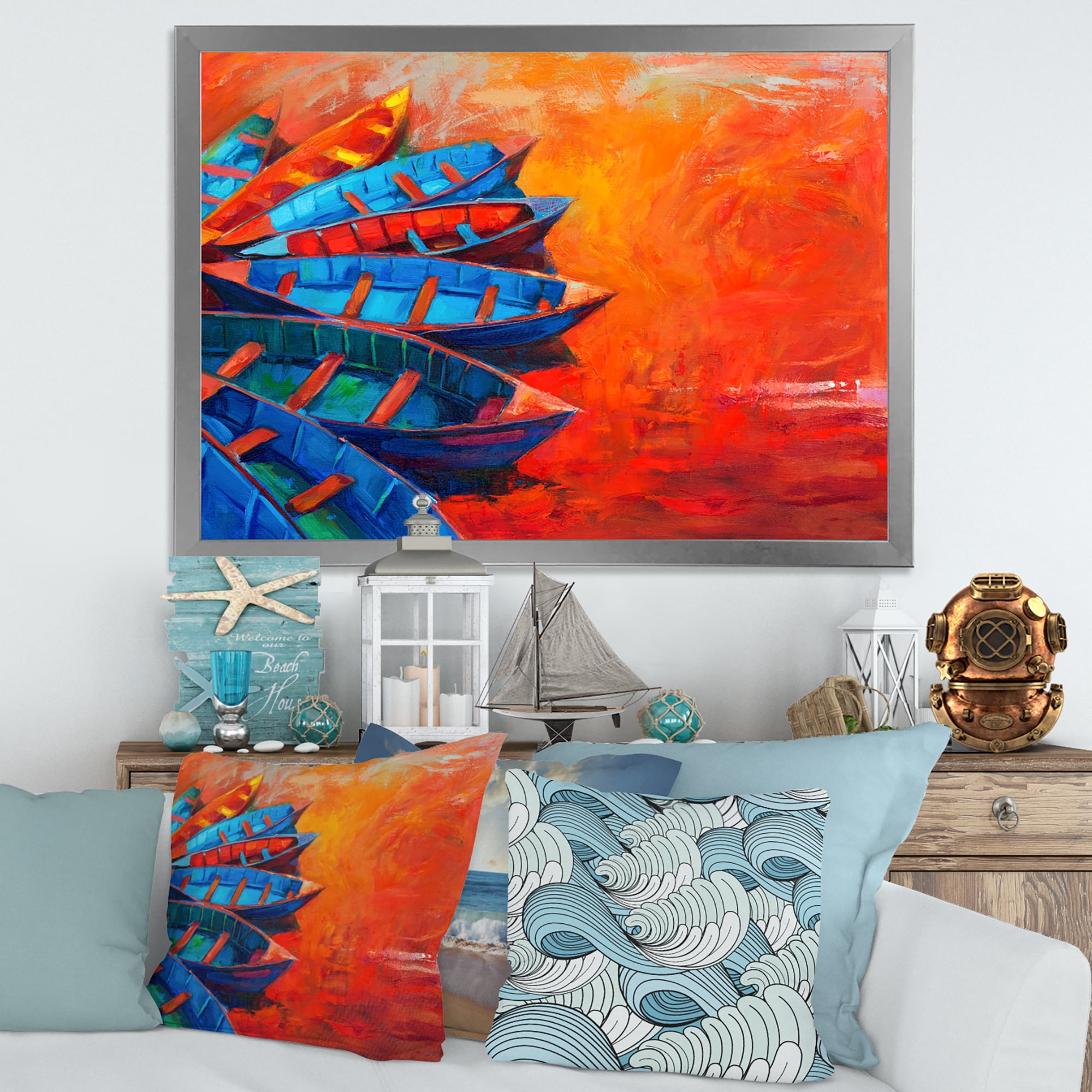 Boats During Warm Sunset Resting On The Water V 32 in x 24 in Framed Painting Canvas Art Print, by Designart