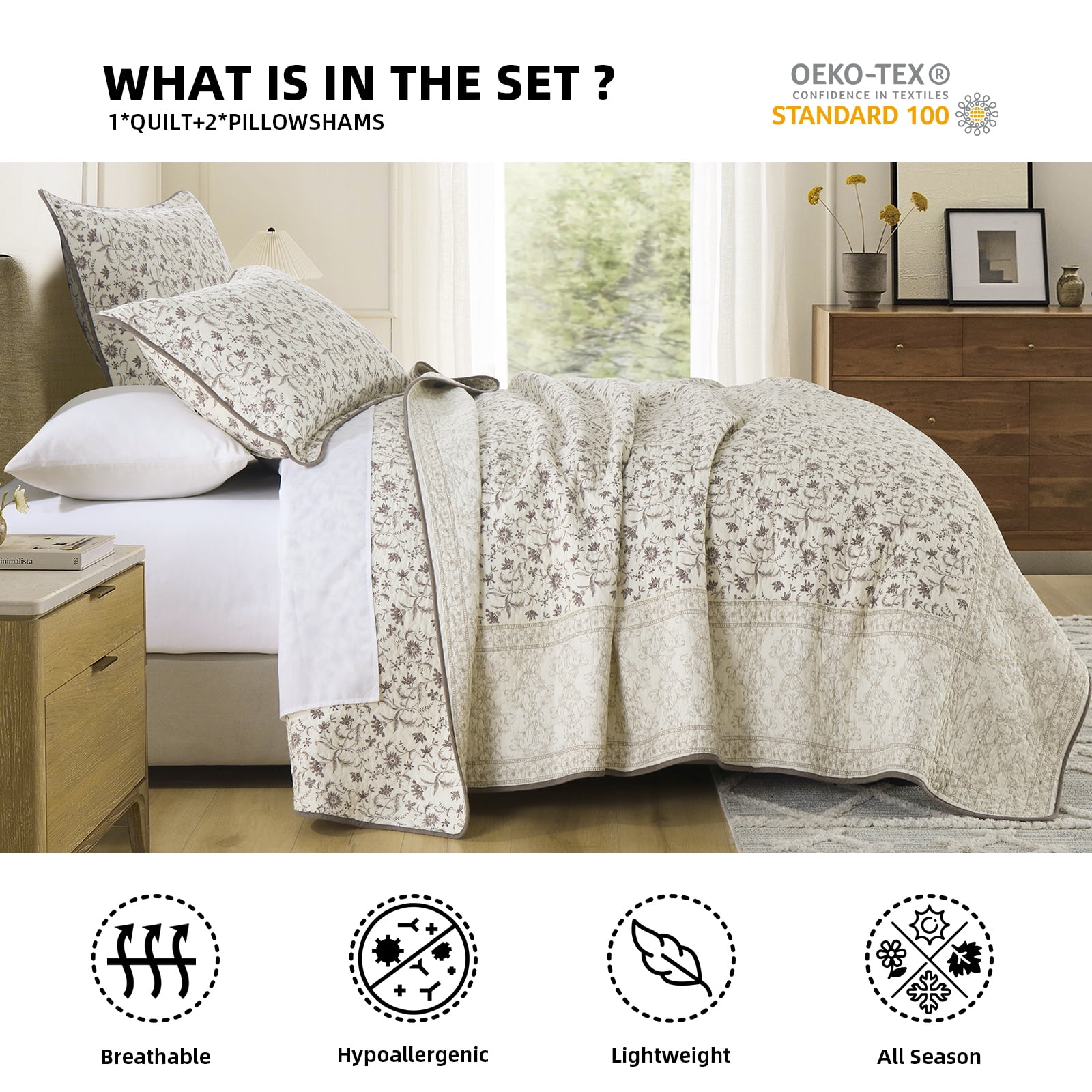 PANGUSHAN 100% Cotton Quilt King Size, King Quilt Bedding Set Quilted Bedspreads, Lightweight Reversible Floral Comforter for King Bed, All Season, Beige/Brown, 3 Pieces