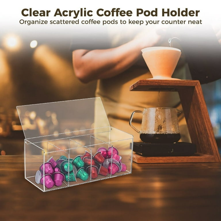 Acrylic Coffee Pod Holder, 4-Compartment Coffee Capsule Organizer with Lid,  Clear Storage Case for K Cup, Coffee Bar Accessories for Home Office 