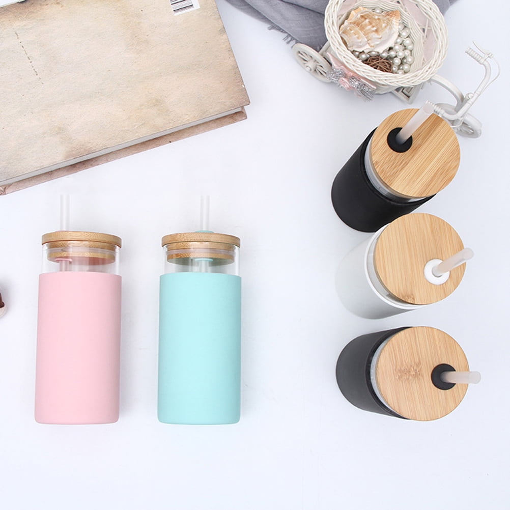 taianle 500ml Creative Transparent Straw Glass Cup with Wooden Lid Glass Water Bottle 