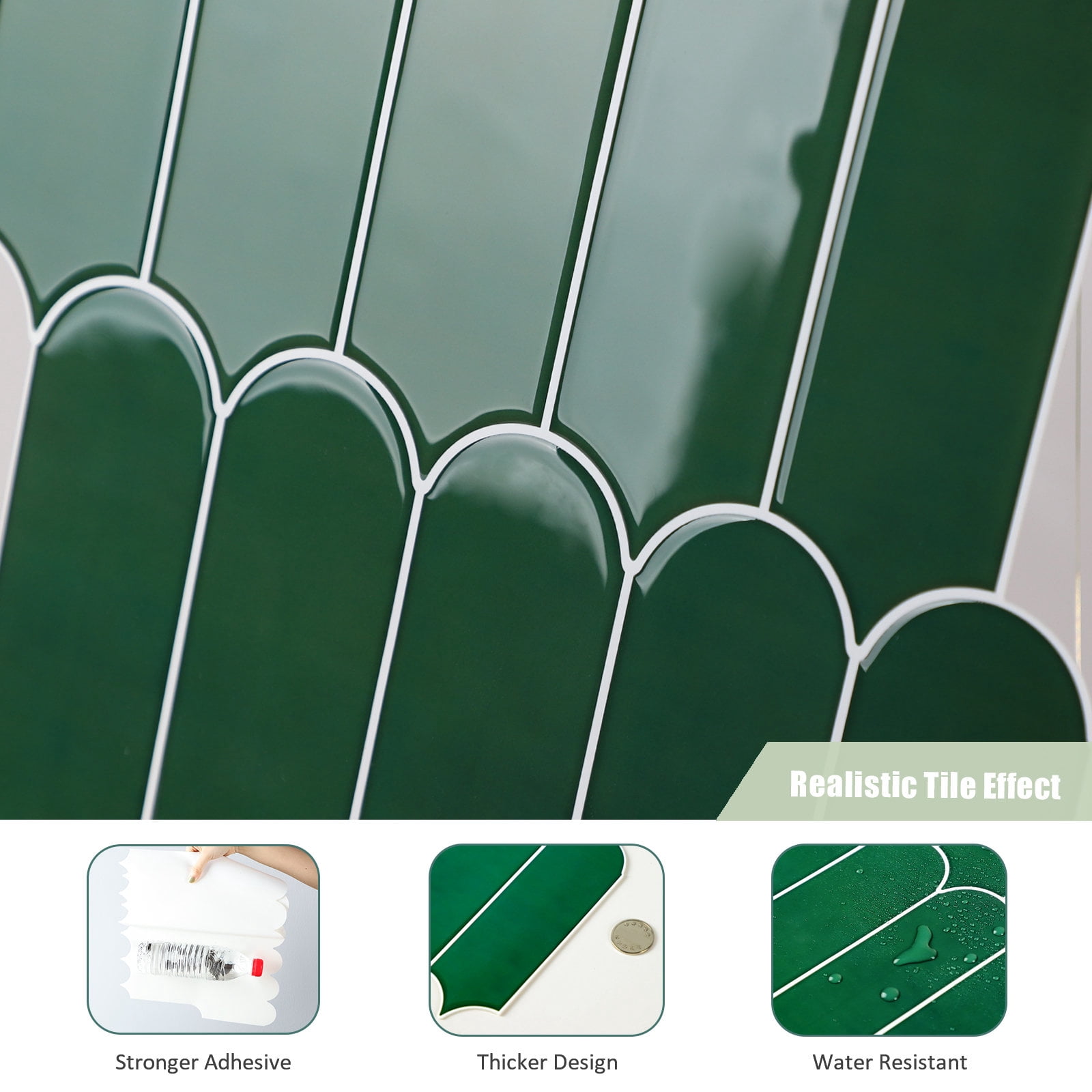 10-Sheet Peel and Stick Backsplash Tile, Self Adhesive Feather Backsplash Wall Tiles for Kitchen Bathroom (Thicker Design, Dark Green)