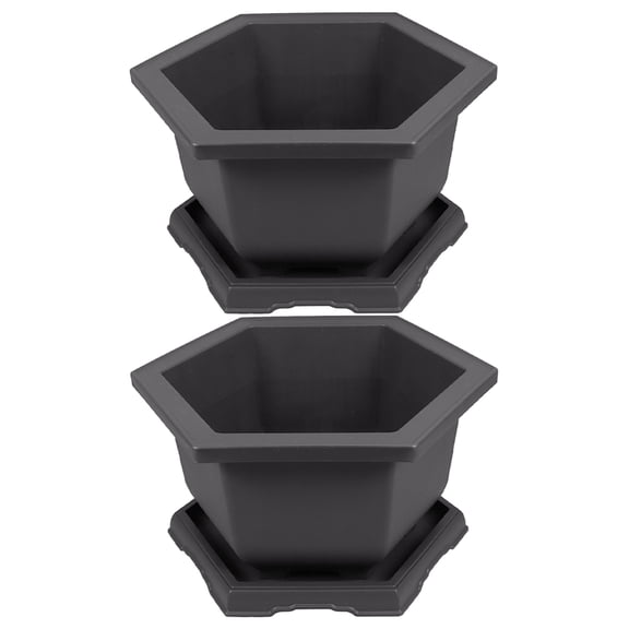 Phenofice 2-Pack Dark Brown Hexagonal Plastic Bonsai Pots with Drainage Saucers for Indoor Planting and