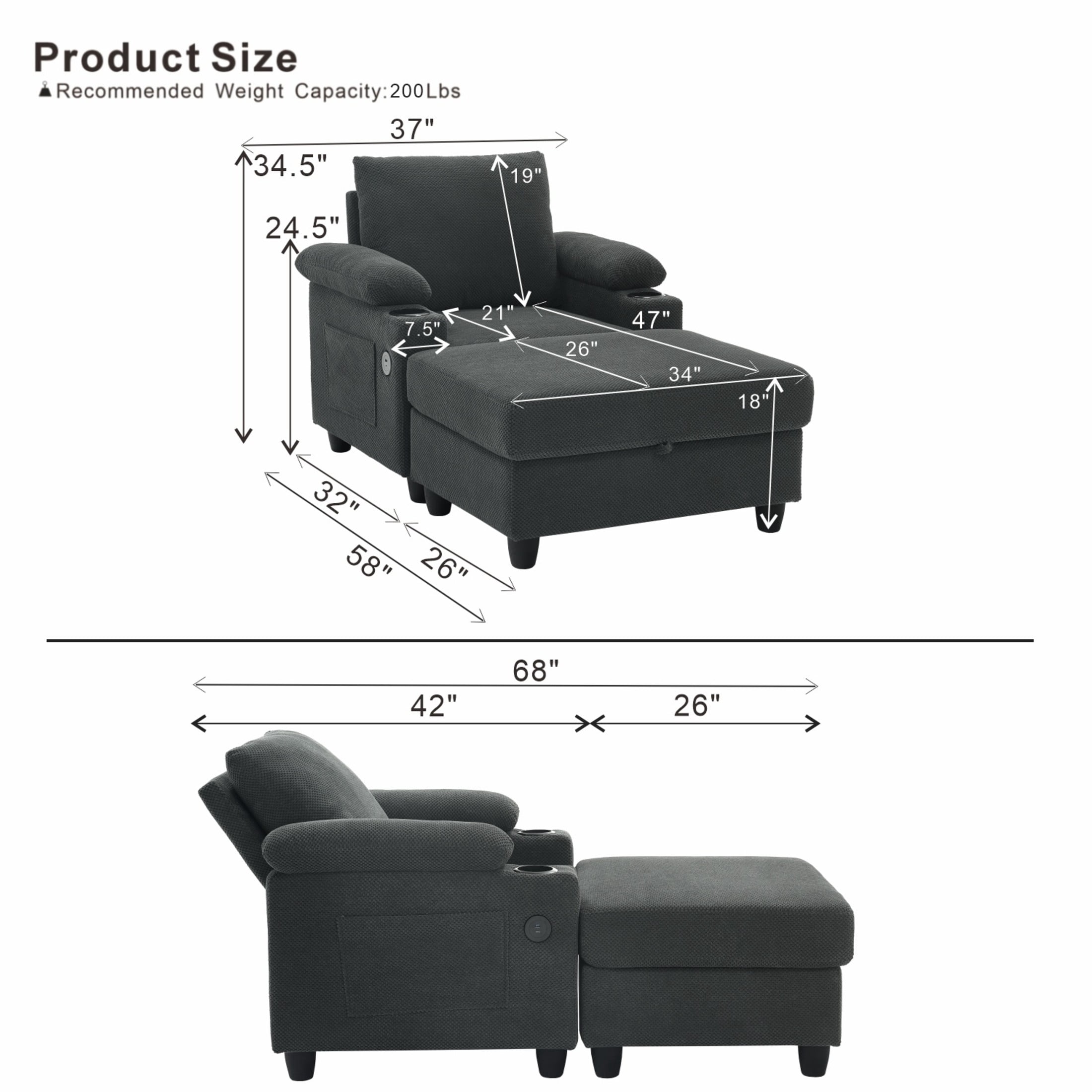 GDF Studio Abriel Accent Chair with Storage Ottoman, USB Ports & Cup Holders, Versatile Chaise Lounge, Dark Gray
