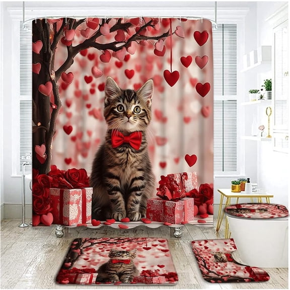 4 Piece Valentine's Day Cat Shower Curtain Set with Rugs, Toilet Lid Cover,Romantic Fallen Pink Love Heart Funny Kitten Tree Farmhouse Animal Red Rose Petal Bathroom Shower Curtain with Hooks