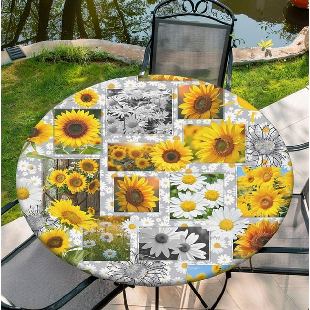 Housse de Table Ronde pour Tables Rondes 36 Pouces-70 Pouces, Nappe Ajustée avec Élastique pour Fête Intérieure Extérieure Vacances, 60 Pouces, Tournesol