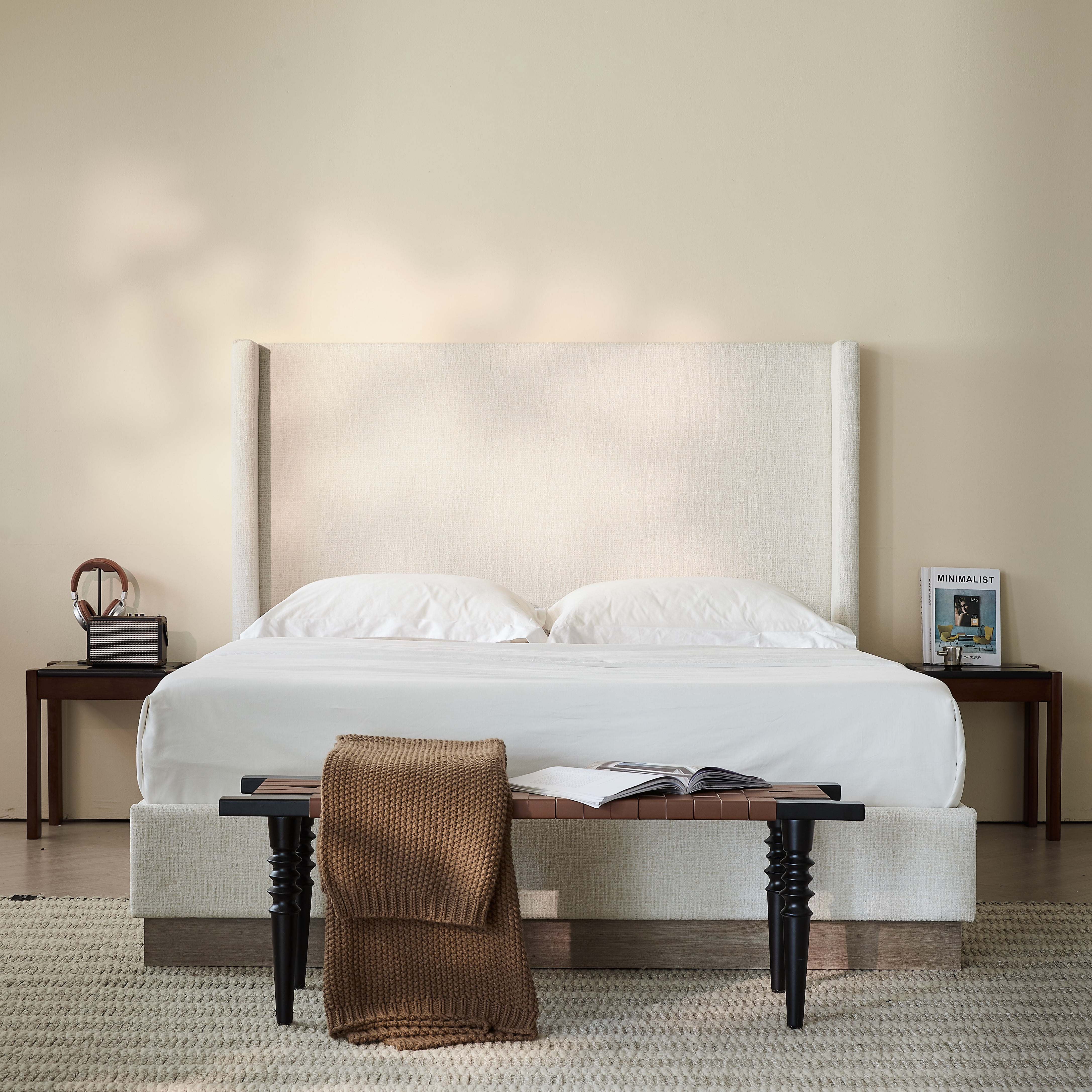 Miniyam Full Size Upholstered Platform Bed Frame with Wingback Headboard for Adult
