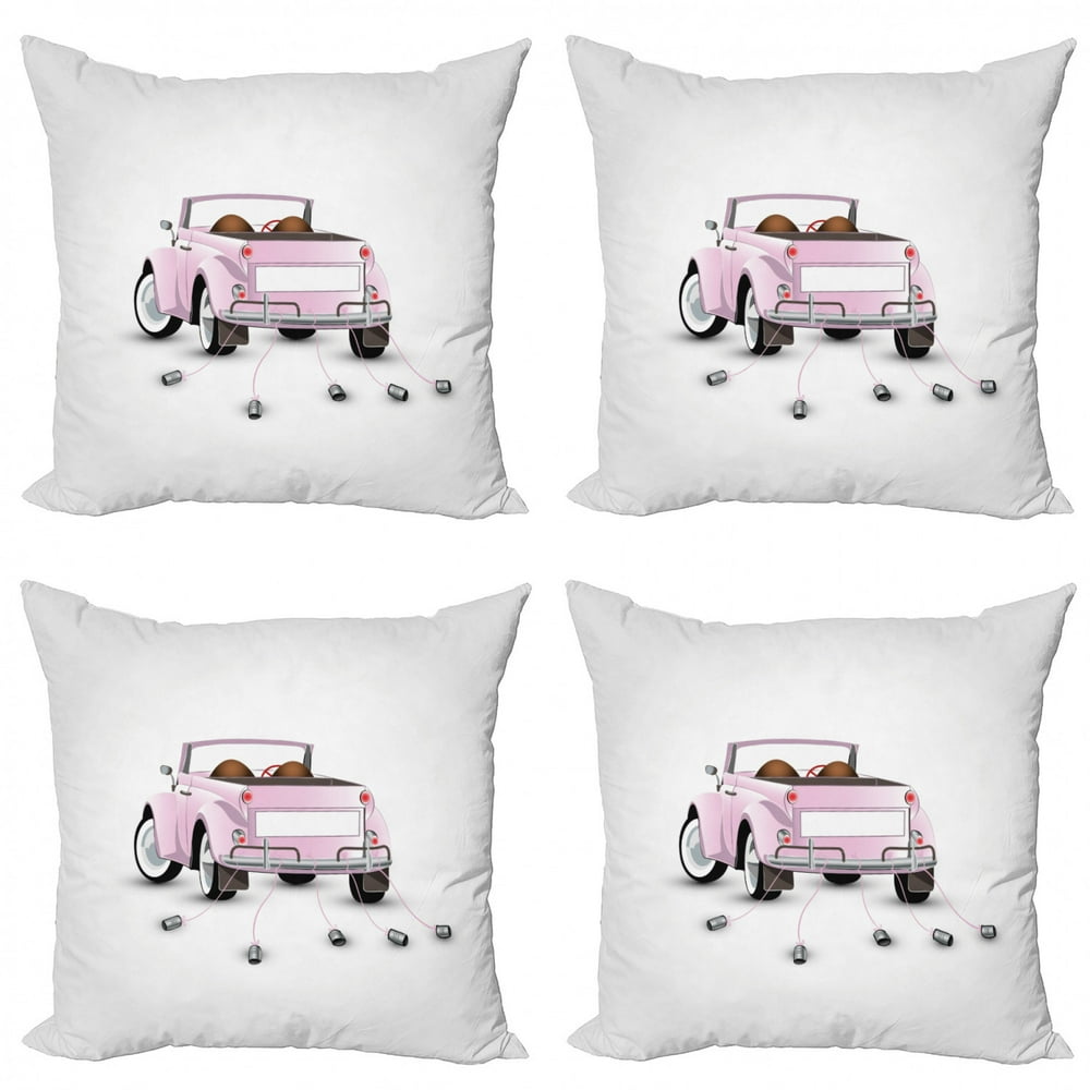 Cars Throw Pillow Cushion Case Pack of 4, Just Married Themed Open Roof Top Car Love for Bride