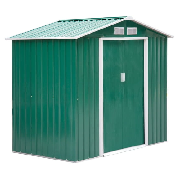 Outsunny 7' x 4' x 6' Garden Storage Shed Outdoor Patio Yard Metal Tool Storage House w/ Steel Foundation Kit and Double Doors Green