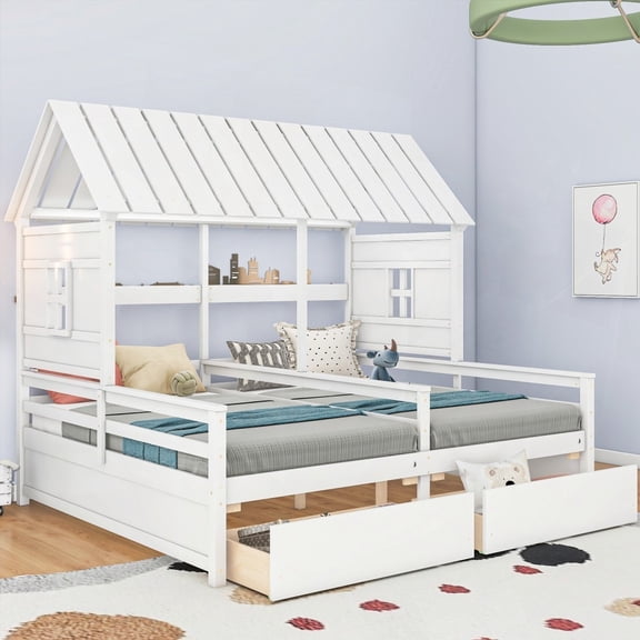Twin Size Shared Beds with Two Drawers, White, Unique Design for Play and Sleep