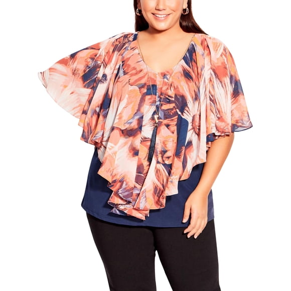 avenue Womens Mira Overlay Print with Necklace Shell Blouse, darkorange, Plus Size, 18W