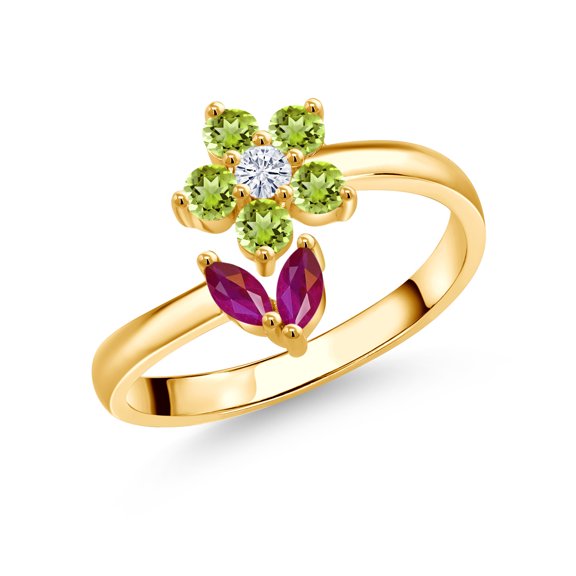 Gem Stone King 18K Yellow Gold Plated Silver Red Ruby Green Peridot and White Moissanite Flower Open Ring for Women (2.38 Cttw, Gemstone July Birthstone, Size 9)
