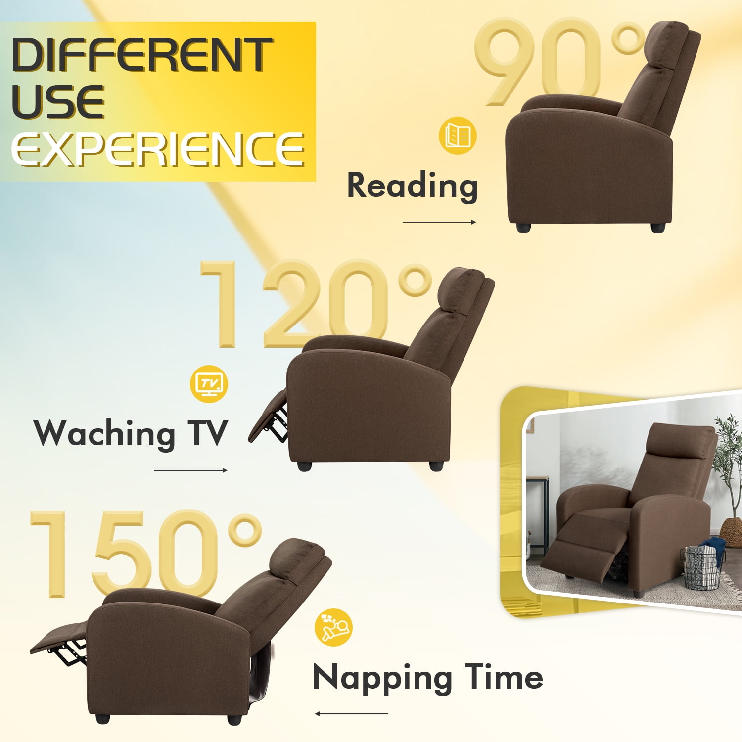 Homall Fabric Recliner Chair Adjustable Modern Home Theater Seating Single Recliner Sofa Living Room Armrest Chair With Thick Cushion