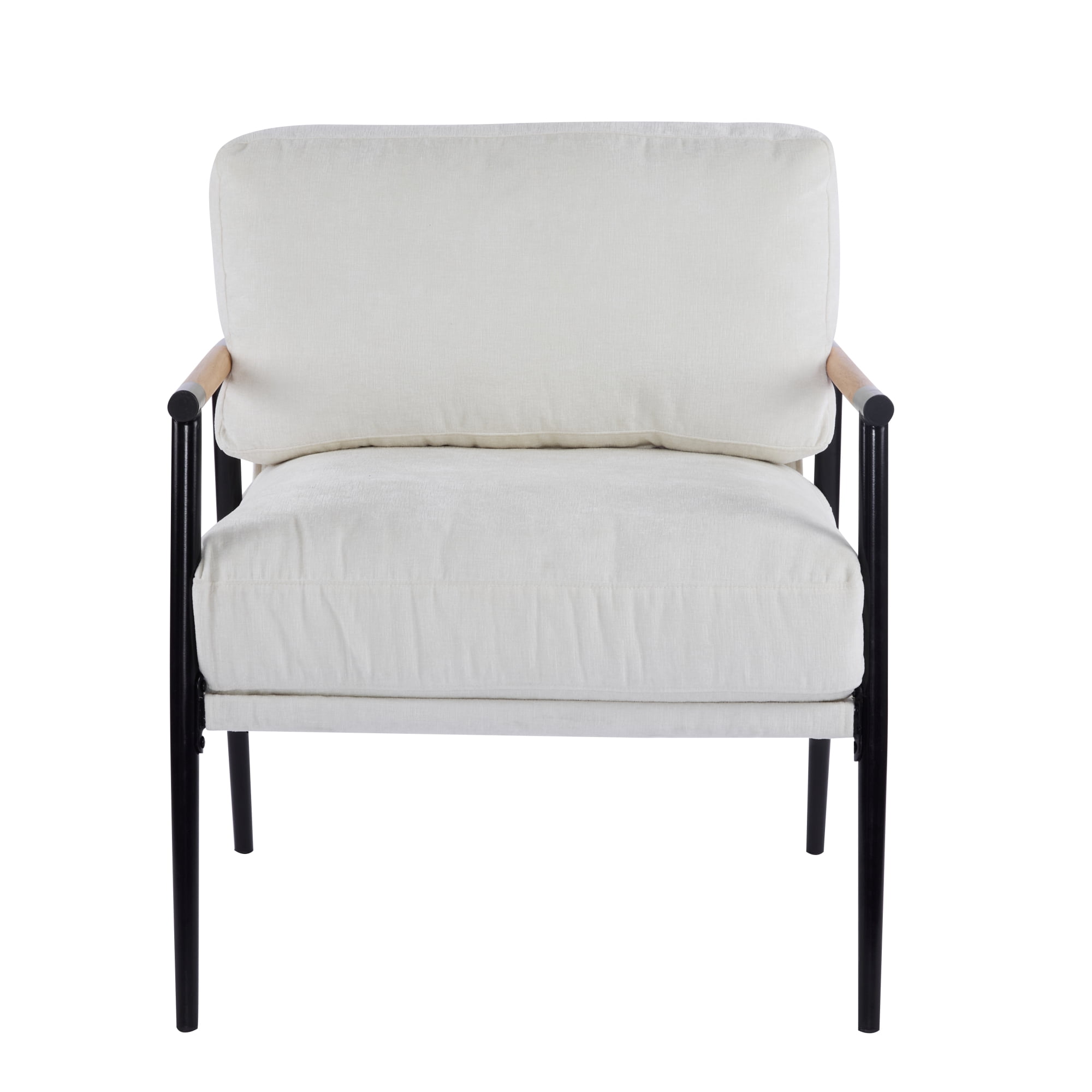 Leumius Modern Accent Chair with Plush Cushions, Minimalist Metal Frame and Wooden Armrest Design for Living Room Bedroom Office Beige
