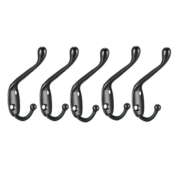 Unique Bargains Dual Prong Coat Hooks Wall Mounted Retro Double Hooks Utility Black Hook for Coat Towel Hat 80mm x 18mm x 55mm 5Pcs