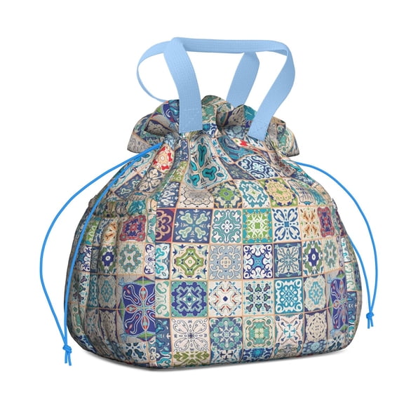 Boho Bohemia Flower Drawstring Lunch Bag Women - Drawstring Lunch Bag Insulated for Work Office - Stain-Resistant Large Lunchbags for Women with Multi-Pockets