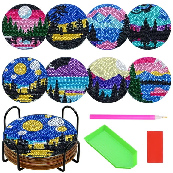 SPOKKI Landscape Wooden Coasters Diamond Painting Art Kit 8 Piece