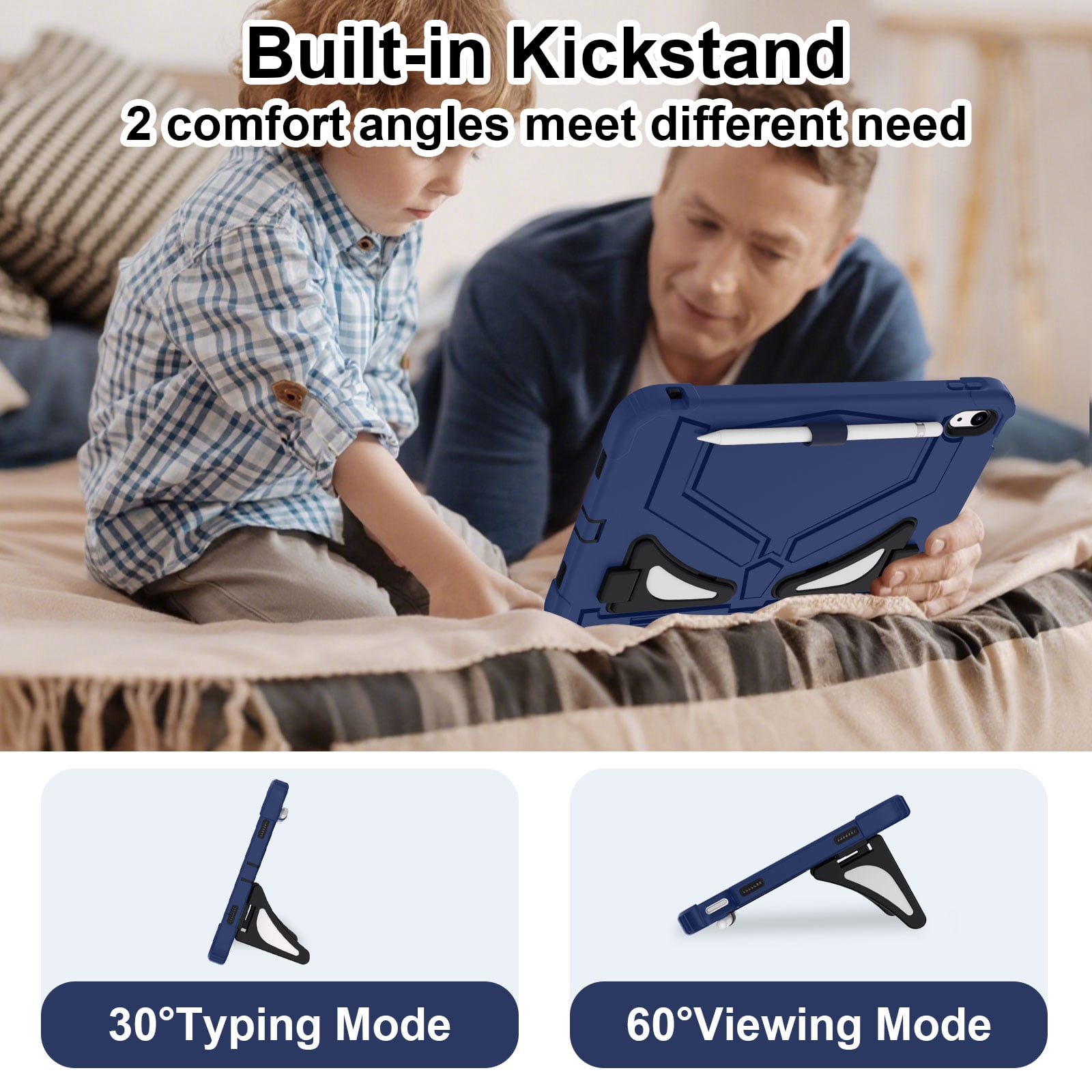 Dteck Case for 2025 Apple 11-inch iPad A16/ 10.9-inch iPad 10th Generation 2025 Cover with Pencil Holder Screen Protector Shoulder Strap Kicsktand Thickned Cornor for Kids Boys,Blue Black