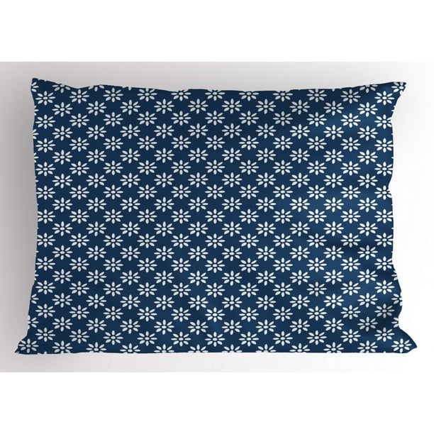 Dutch Pillow Sham Hand Drawn Style White Flowers on a Blue Background