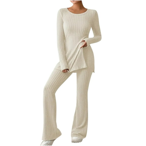 ATOYSOY Women's Round Neck Lounge Sets Fall Two Piece Ribbed Outfits Pajamas Tracksuits Trendy Split Tops Legging Flared Pants Long Sleeve Sweatsuits Casual S