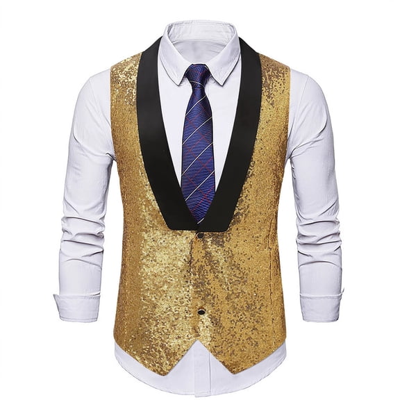 YUGYXL Mens Sequin Vest Jacket Formal Leisure V-neck Shiny Waistcoat Set Slim Fit Suit Wedding Prom Party Gold S