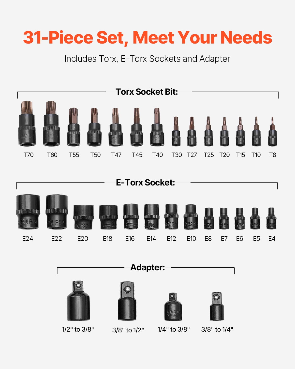 VEVOR Torx Bit Socket and External Torx Socket Set, 31-Piece T8-T70 and E4-E24,S2 Alloy Steel and Cr-V Steel, 1/4 in, 3/8 in, and 1/2 in Drives, with Adapter and Enhanced Storage Case, for Automotive