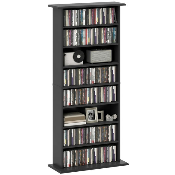 HOMCOM Media Storage Cabinet 8-Tier DVD Shelf w/ Adjustable Shelves Black