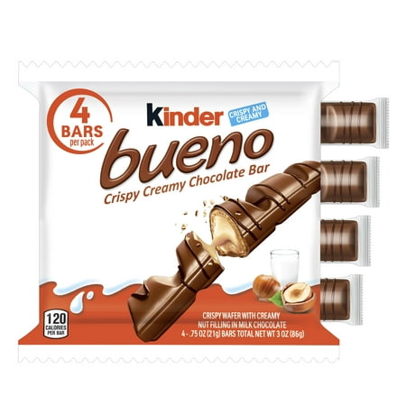Kinder Bueno Milk Chocolate and Hazelnut Cream, 4 Individually Wrapped Chocolate Bars, Easter Basket Gifts, .75 oz