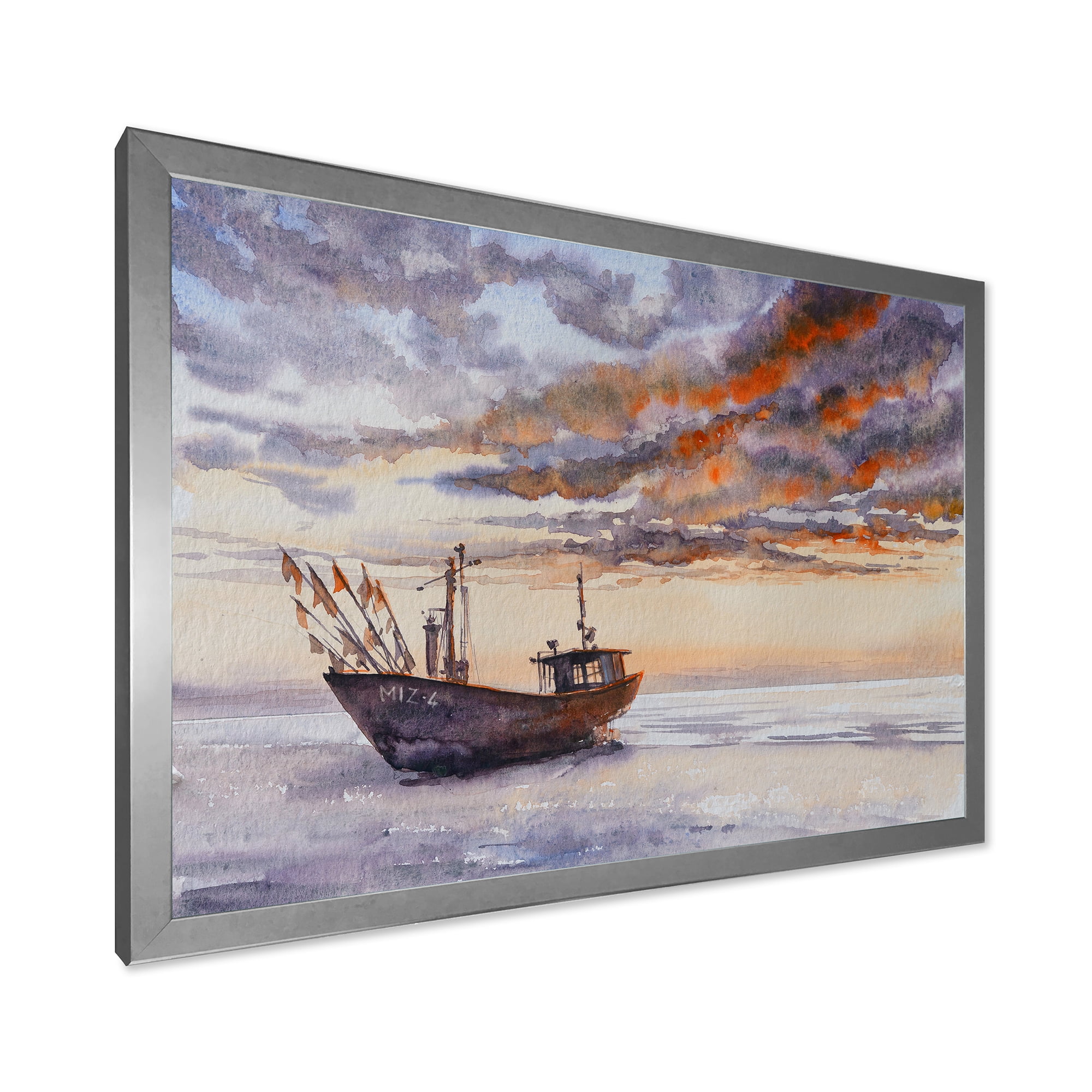 Designart 'Wooden Fishing Boat On The Baltic Shore With Evening Clouds' Nautical & Coastal Framed Art Print