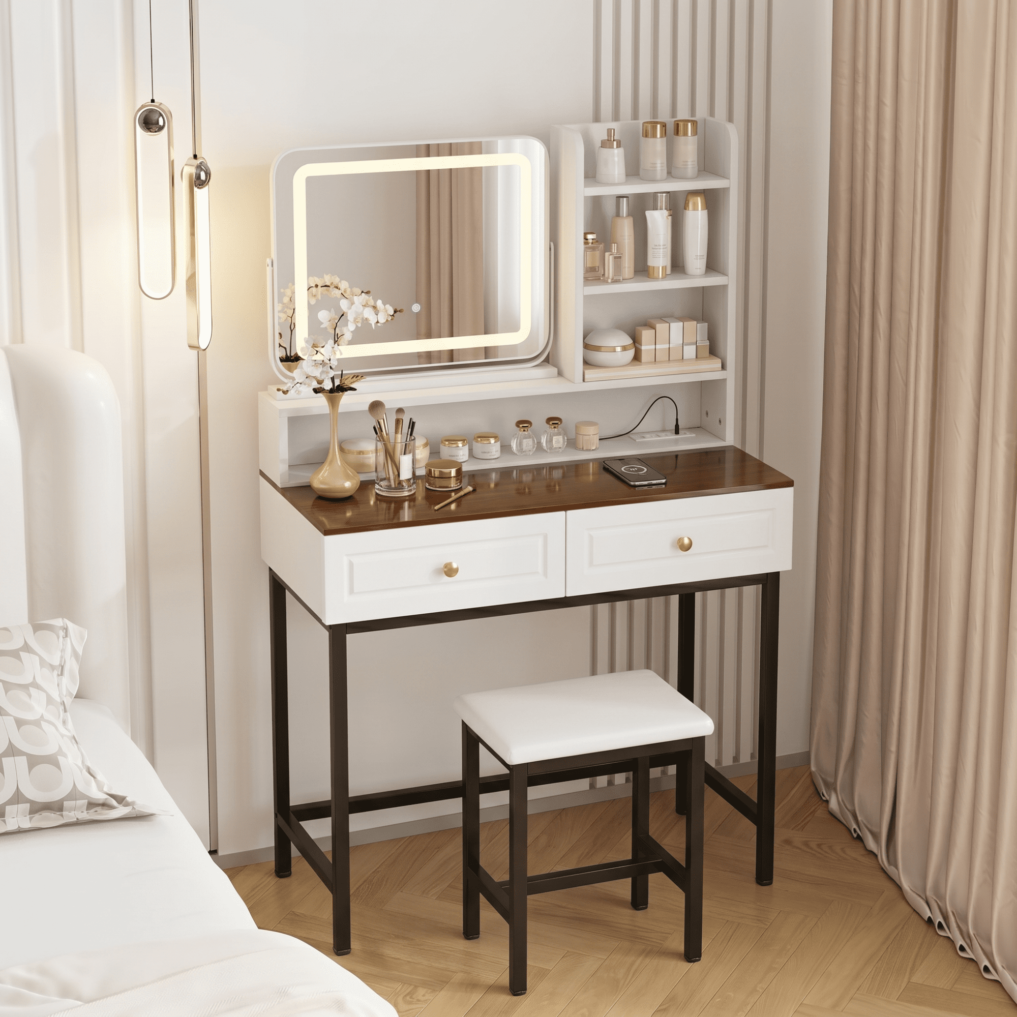 Leumius Makeup Vanity Desk with Lighted Mirror,360° Rotatable Mirror,Makeup Table with 2 Drawers & 3-Tier Shelves,Modern Dressing Table for Bedroom,White