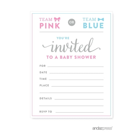 Koyal Wholesale Team Pink Team Blue Gender Reveal Baby Shower Paper Invitations, Blank Cards with Envelopes, 20-Pack