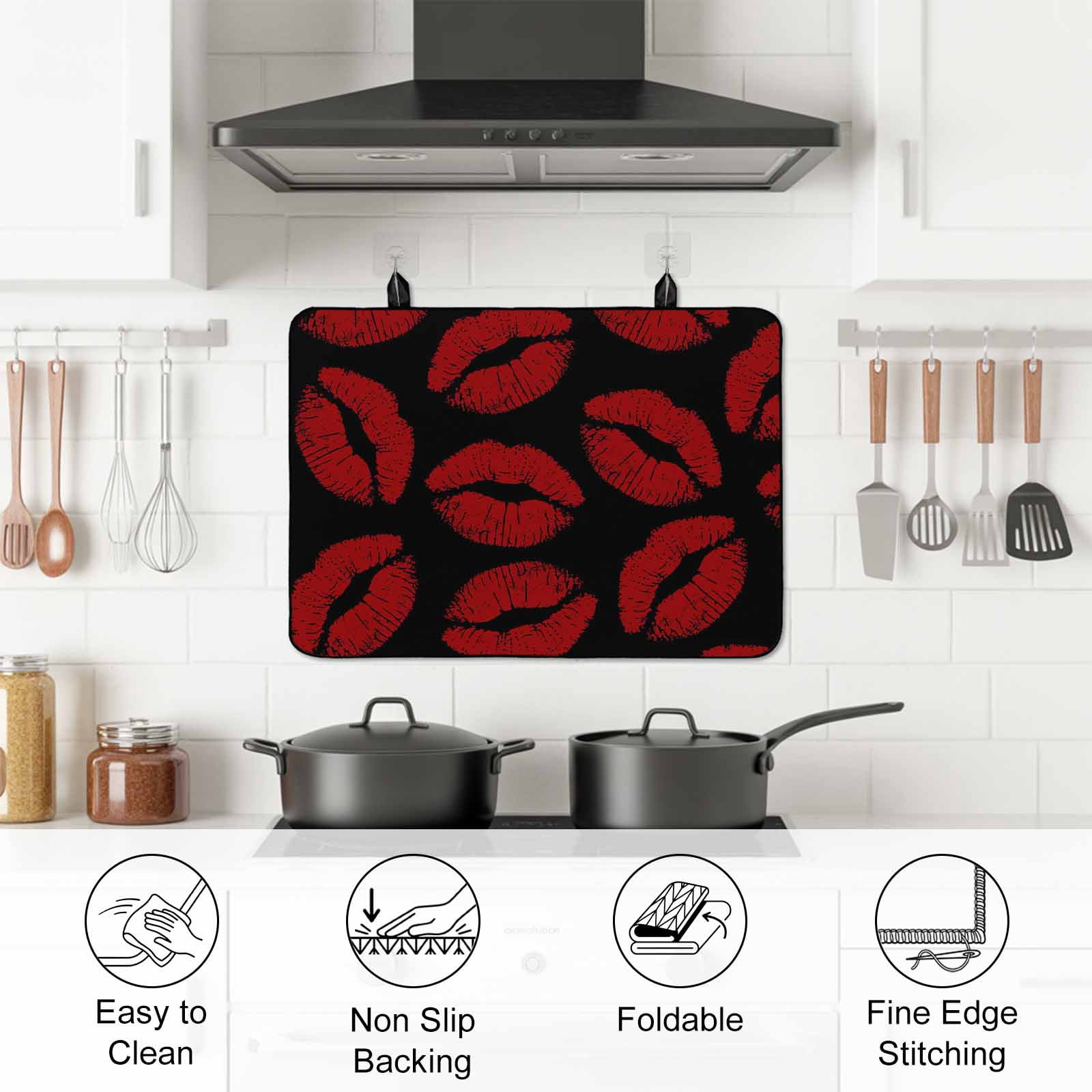 Red Lips Stove Top Cover for Electric Stove, Heat-proof & Non Slip Glass Top Stove Cover Protector, Modern Abstract Romantic Texture Aesthetic Kitchen Flat Cooktop Rubber Mat 24x21 Inches