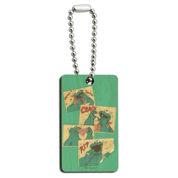 Sesame Street Cookie Monster Comic Wood Wooden Rectangle Keychain Key Ring