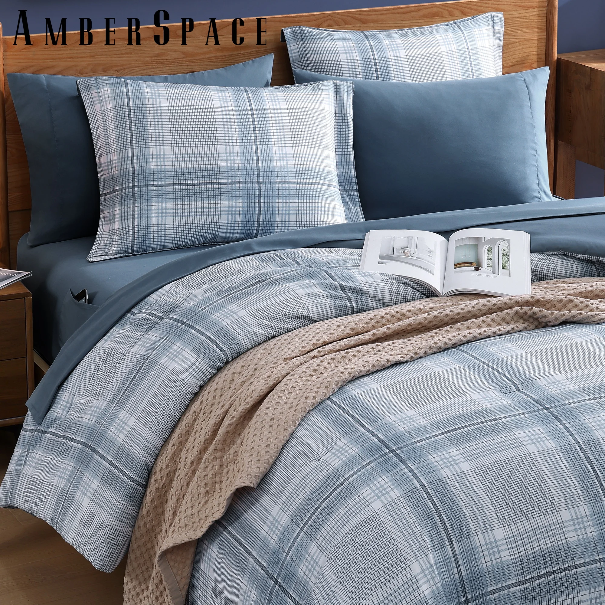 Amberspace Reversible Checkered 7-piece Bed in a Bag Comforter Set with Sheets,Light Blue,Full