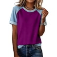 thumbnail image 4 of Helii Women's Color Block T Shirt – Raglan Sleeve T-Shirt, Crewneck Baseball Tee with Contrast Denim Sleeve, Loose Fit Soft Cotton Blend Casual T Shirts for Summer Purple,XXL, 4 of 6
