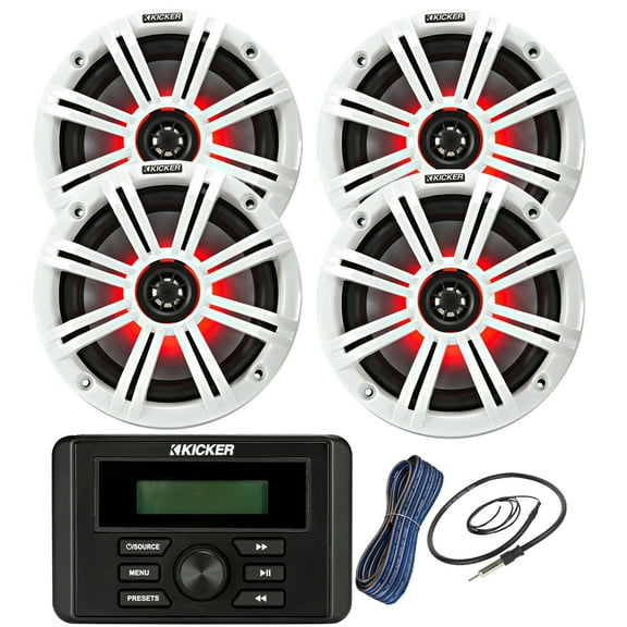 Kicker Weather-Resistant Marine Bluetooth USB RCA Stereo Receiver Bundle Combo with 2 Pair (QTY 4) 6.5" 2-Way 195W Max Coaxial Marine LED Speakers w/ White Grilles, 50-Ft 16-Gauge Wire, Antenna