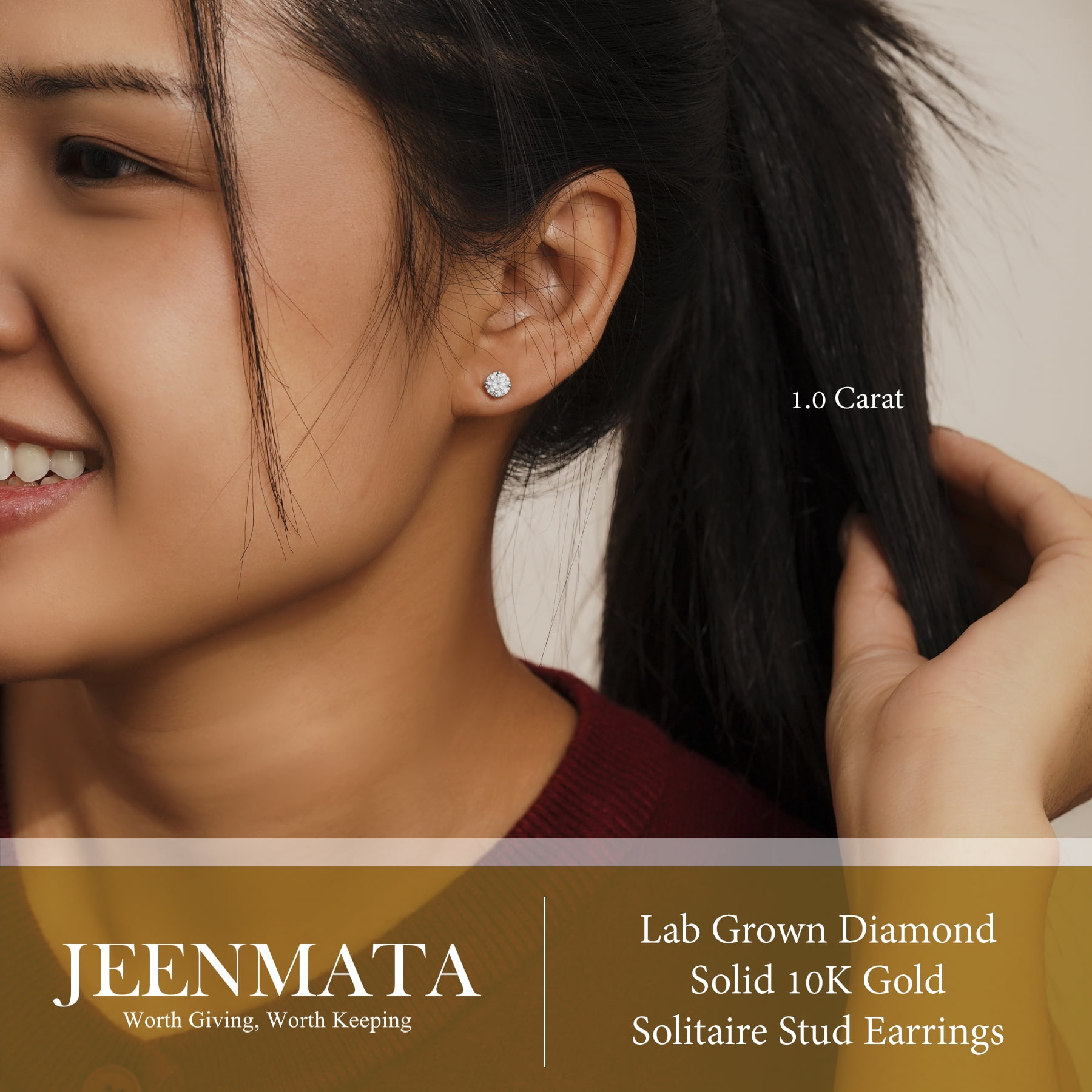 JeenMata Lab Grown Diamond Earrings 1 Carat Round Cut Real Solid 10K White Gold Solitaire Studs for Women