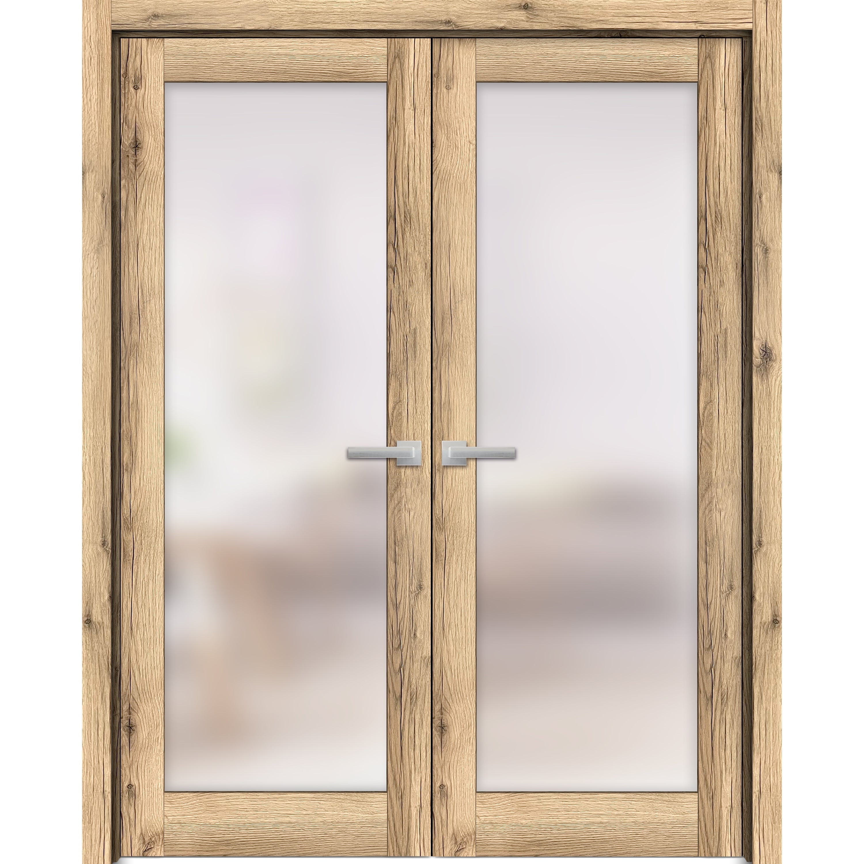 Modern Oak French Double Doors with Frosted Glass Panels, 48 x 80 inches
