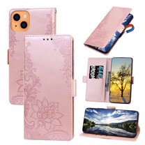 Nalacover Wallet For iPhone 13 6.1 inch Case,Stylish Full Protection Embossed Lotus Pattern PU Leather Flip Kickstand Card Slots Shockproof Magnetic Cover with Wrist Strap.Rosegold