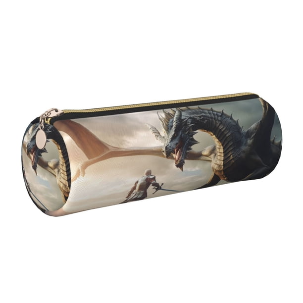 Disketp Swordsman Cool Dragon Estuche Organizador de Lápices de Cuero, Estuche de Oficina con Cremallera para Bolígrafo y Lápiz