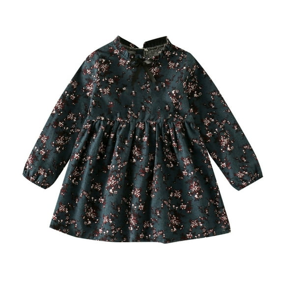 Ulitacool Girls Fall Dress 18-24 Months Toddler Floral Print Zipper Long Sleeve Dress Autumn Winter Crewneck Flower Girl Dresses Lovely Clothes Army Green