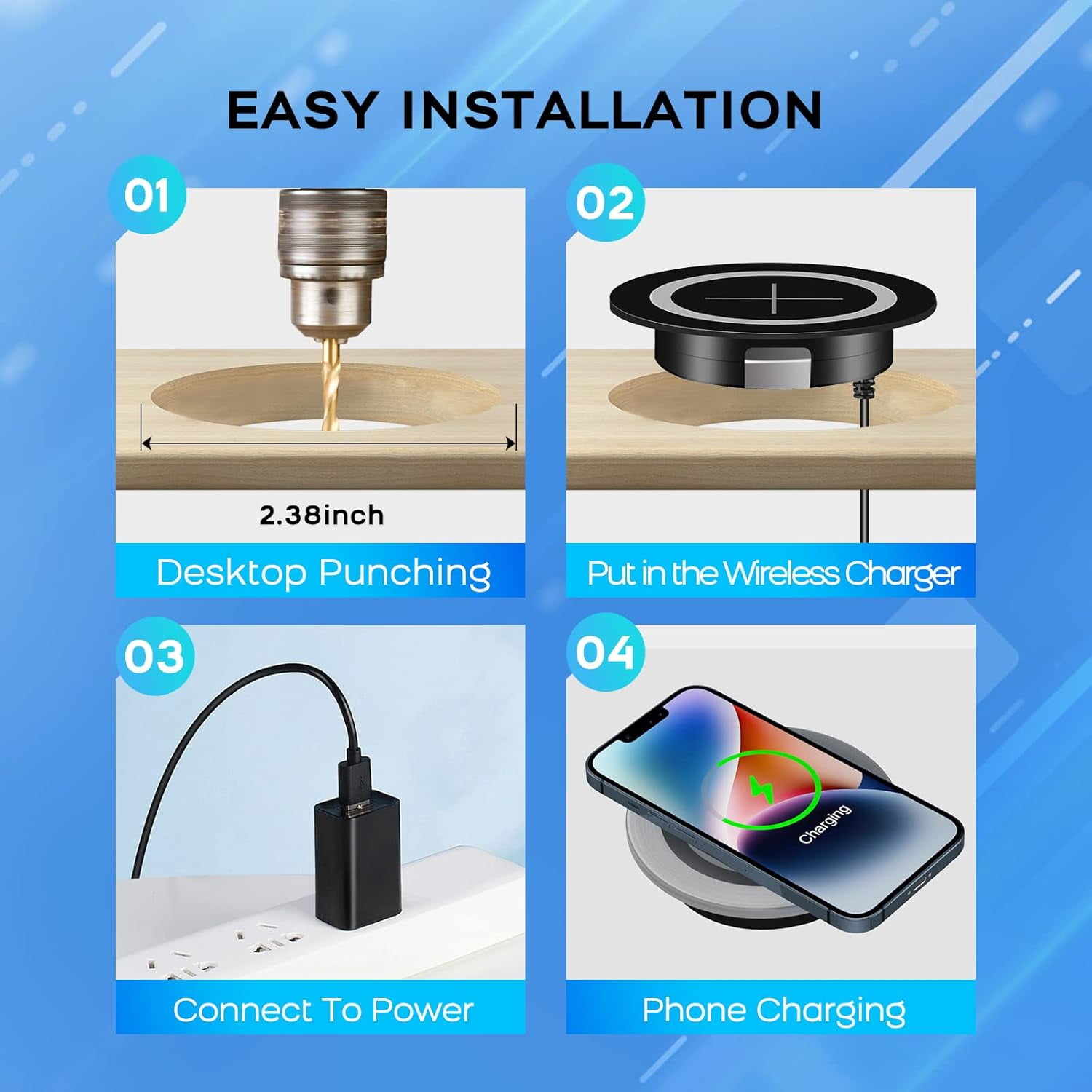 Flush Mount Wireless Charging Pad, 15W Fast Qi Charger for Desk Hole Installation – Built-in Wireless Charger Station for Office Desk, Nightstand, Workbench – Compatible with iPhone, Samsung (Black)