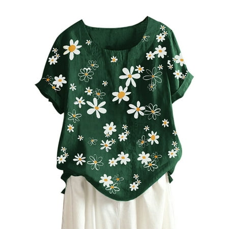 Plus Size Women Summer Casual Flower O-Neck T-Shirt