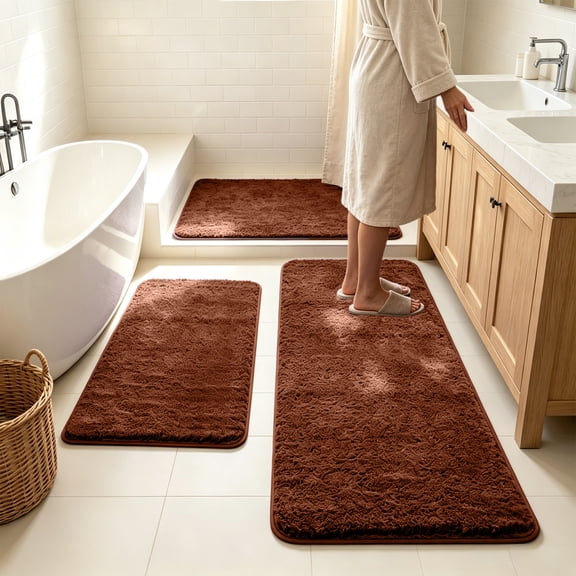 Dongrere Solid Color Bathroom Rug Set, 3-Piece Shaggy Fluffy Bath Mats, Non-Slip Area Rug for Bathroom Floor Tub Shower Decor, Brown