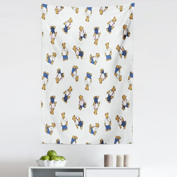 Dotted Tapestry, Teddy Bear Style Dog on Nostalgic Polka Dots Cartoon, Fabric Wall Hanging Decor for Bedroom Living Room Dorm, 5 Sizes, Violet Blue Pale Brown, by Ambesonne
