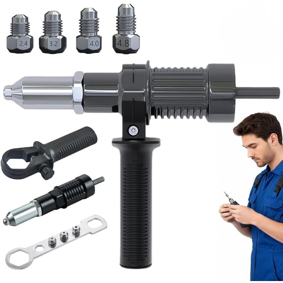 Professional Electric Rivet Gun Drill Adapter Kit, Cordless Riveting Tool Attachment with Auxiliary Handle & 4 Nozzles