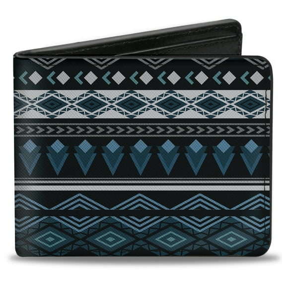 Buckle-Down Wallet, Bifold, Aztec Pattern Blues White Gray, Vegan Leather