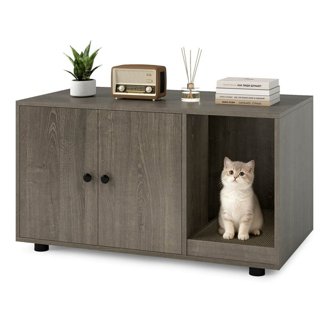 Costway Wooden Cat Litter Box Enclosure, Hidden Litter Box Furniture with Scratching Board Oak