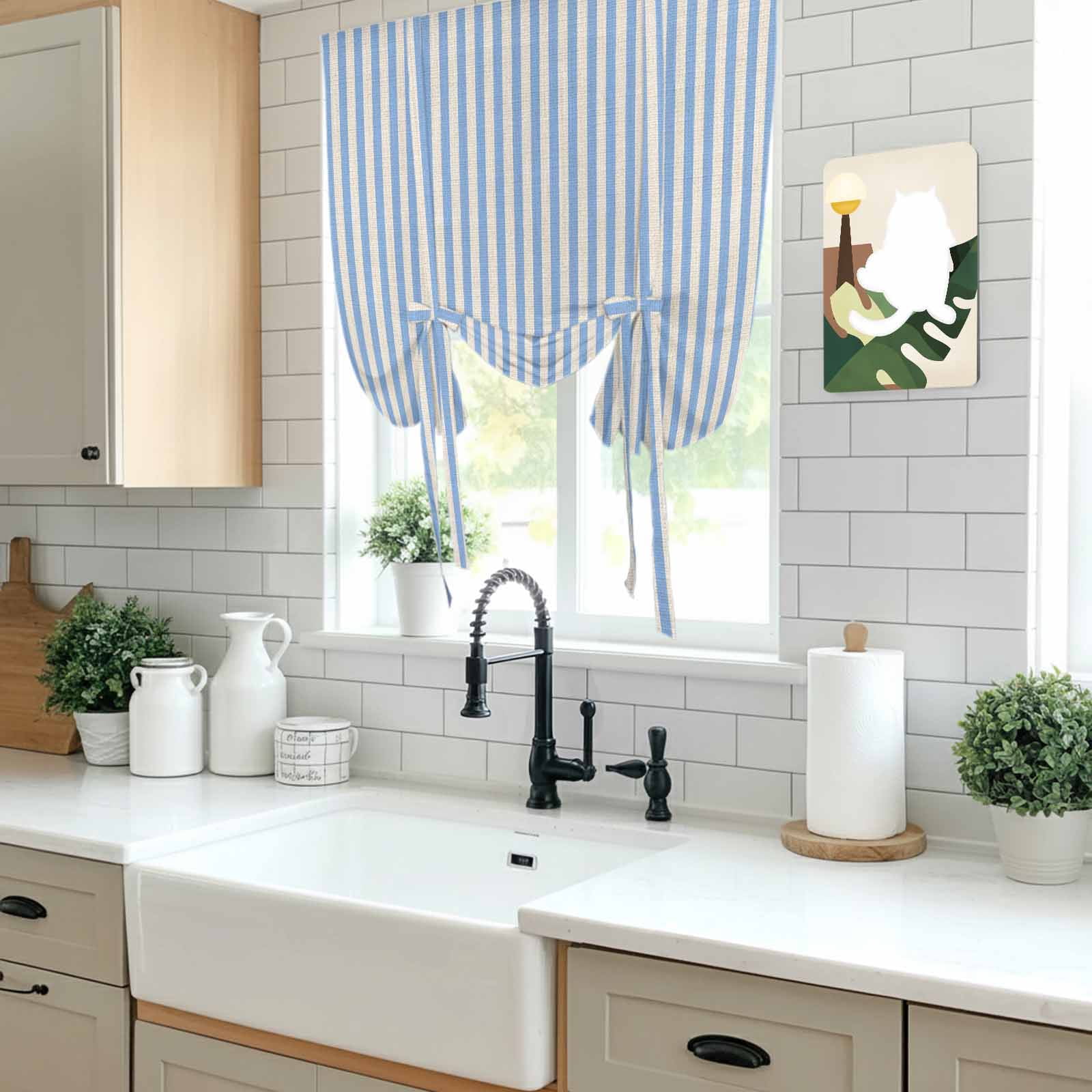 Simple White Striped Tie Up Curtain for Window, Blue Stripe Vintage Linen Texture Adjustable Tie Up Balloon Curtain Valances Rod Pocket Window Treatment for Kitchen Bathroom Bedroom 34"x45"